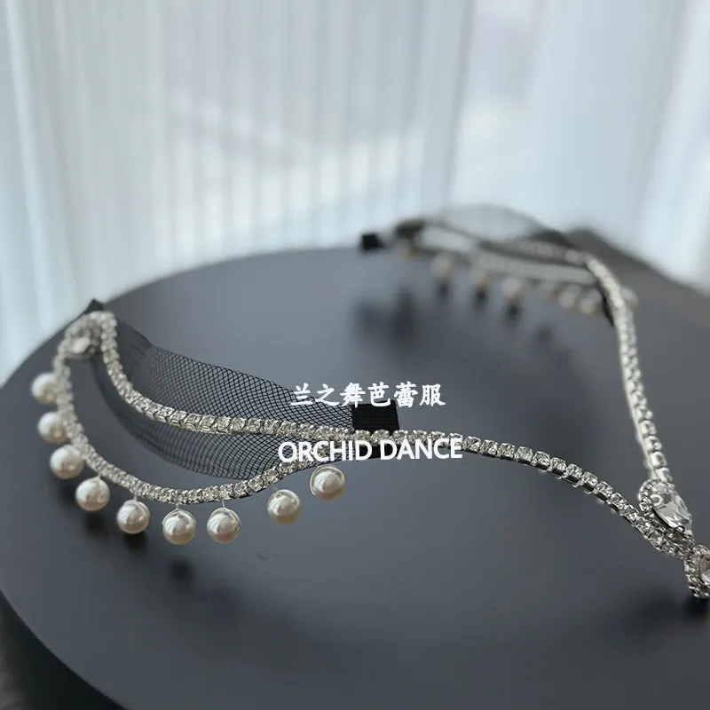 Ballet headpiece with rhinestone surround design and dangling pearl ornaments for ballet stage performance
