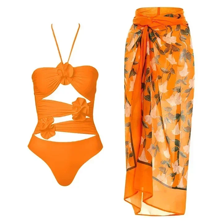 

2025 Sexy One Piece Swimsuit Skirt Summer Women Halter 3D Flower Print Swimwear Beach Dress Cover Up Monokini Bath Suit