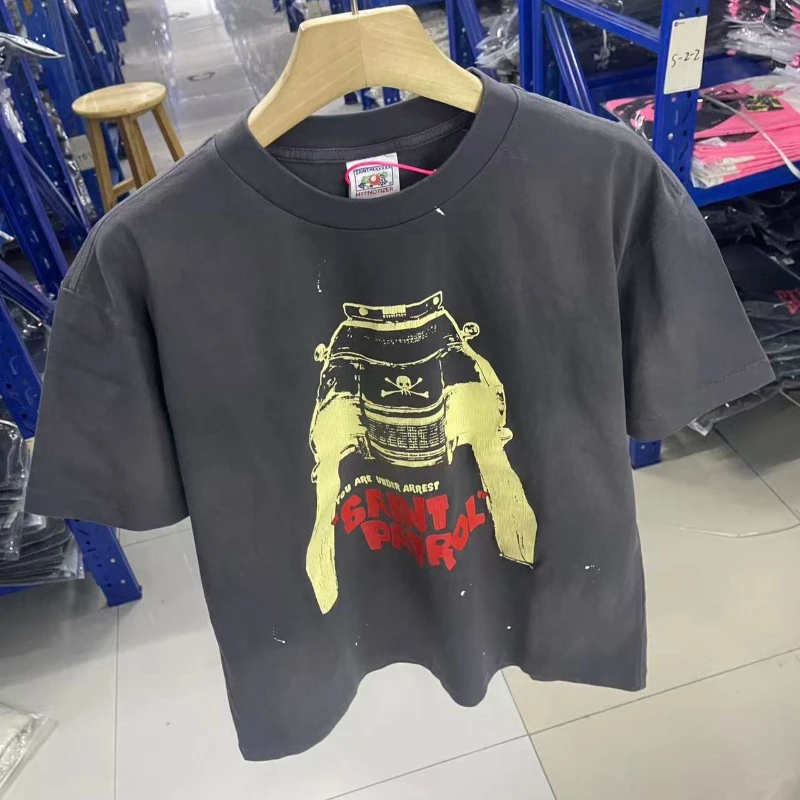 

SAINT Skull Tshirt Vintage Washable Aged Women's Men's Short-sleeved T-shirts