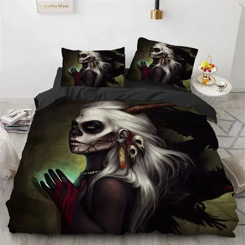 Skull Girl Day Dead Bride Dark Color Roses Bedding Set Boys Girls Twin Queen Size Duvet Cover Pillowcase Bed Kids Adult