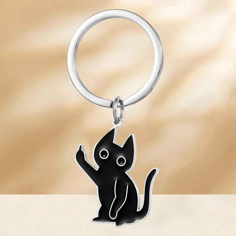 

Funny Stainless Steel Black Cat Middle Finger Black Cat Pendant Key Chain Car Keyring Women Child Gift Jewelry bag charam