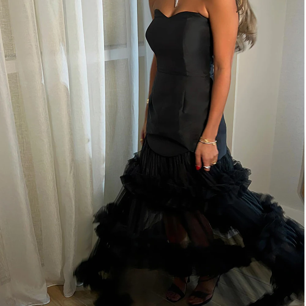 Customized Delicate Tulle A-Line Ruched Evening Dress Strapless Black Floor Length Sleeveless Panel Train Vestidos de fiesta