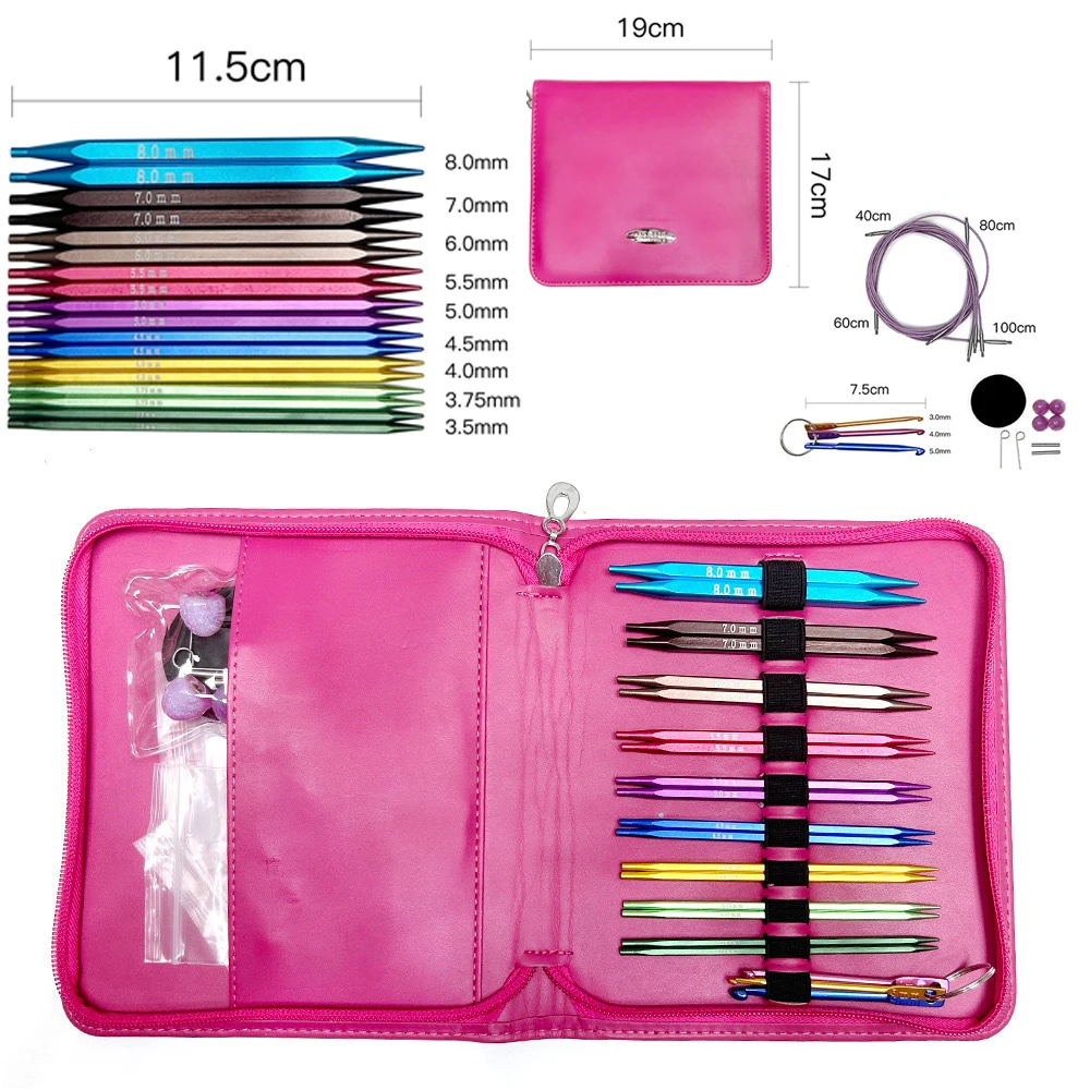 9 Pairs Interchangeable Circular Knitting Needle Tips Deluxe Set Aluminum Square Crochet Hooks 3.5-8.0mm Weaving Yarn Craft Tool