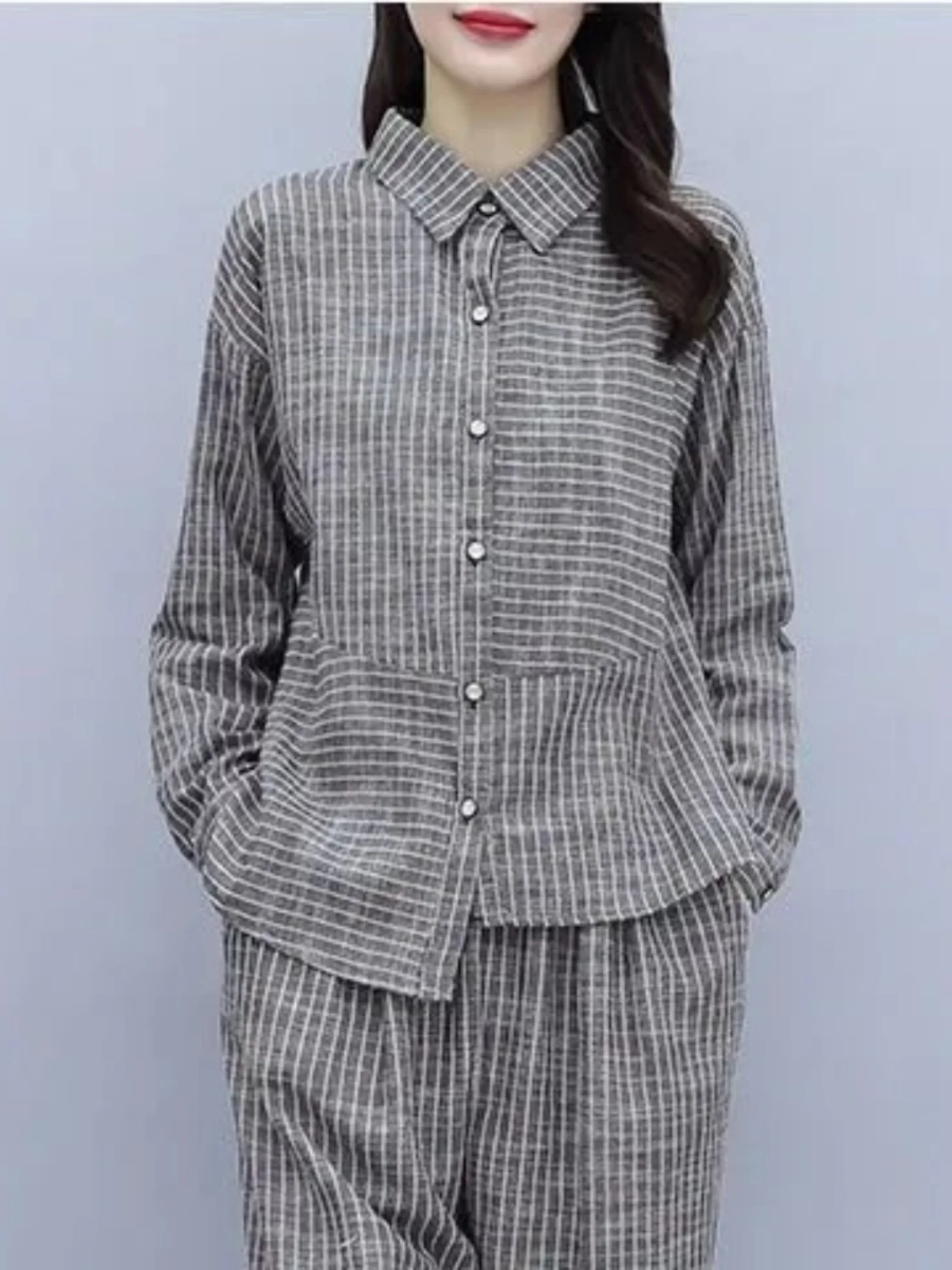 Completo Artistico a Righe Retrò Primavera 2026, Set Due Pezzi in Cotone e Lino Stile Coreano, Taglie Forti, Patchwork, Coprente, per Donna...