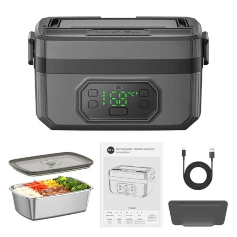 

Portable insulated lunch box for adults, ABS plastic, black, cordless rechargeable with 24000mAh battery, fast-charging, 1600ml