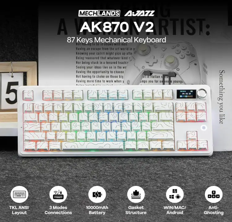 AJAZZ AK870 V2 TKL Mechanische Tastatur mit Kugellager, Kabellose Gaming-Tastatur BT5.0/2.4GHz/USB-C, mit 1000mAh Akku, re