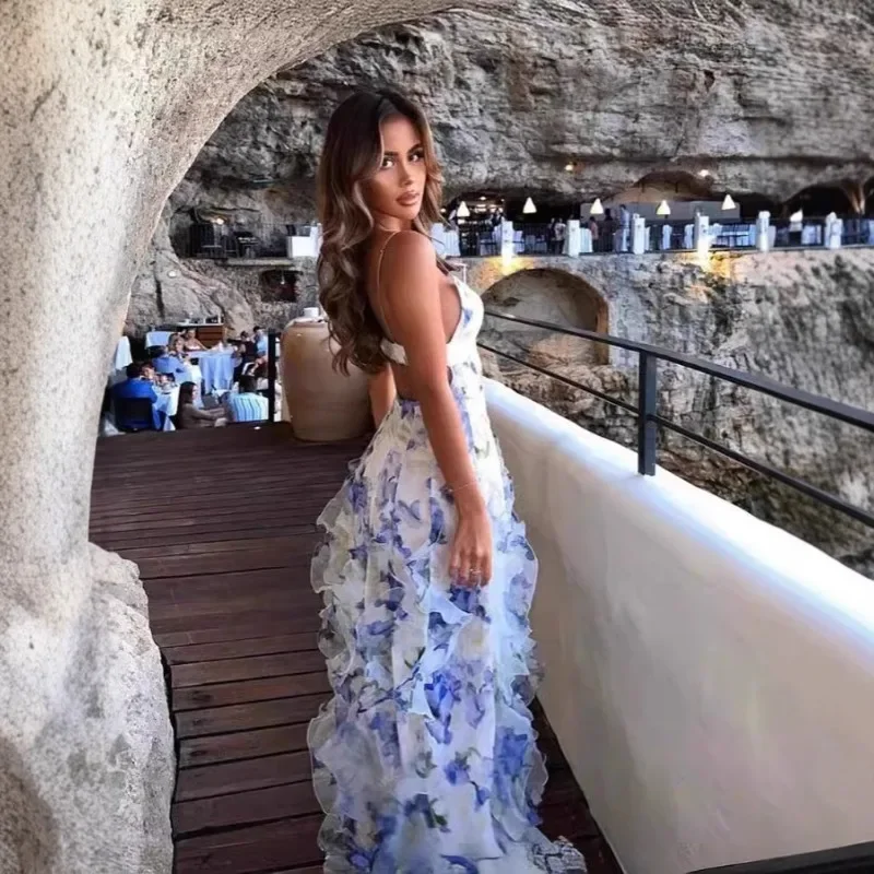 Fmxires Zomer Nieuwe 2025, Vrouwen Sexy V-hals Backless Bloem Chiffon Maxi Jurken Jurk Split Celebrity Uitgesneden Strand Maxi Jurk