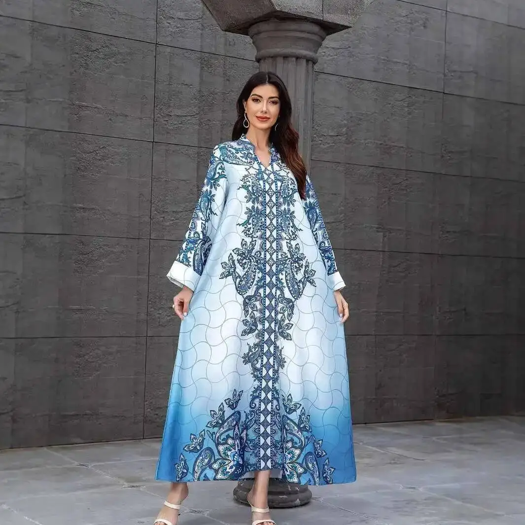 

Модное платье Sw1113 с принтом и V-образным вырезом, свободного кроя, для женщин, с бисером и стразами, в стиле Абайя, для Рамадана, Дубай, роскошное, исламское, элегантное