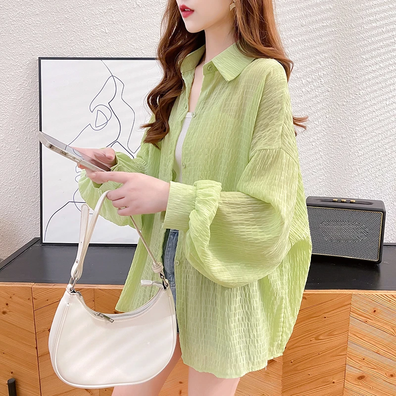 Ebaihui Sommer einfarbig Hemd koreanische Ausgabe lässig vielseitige lang ärmel ige Damen bluse neue Mode Sonnenschutz Strickjacke