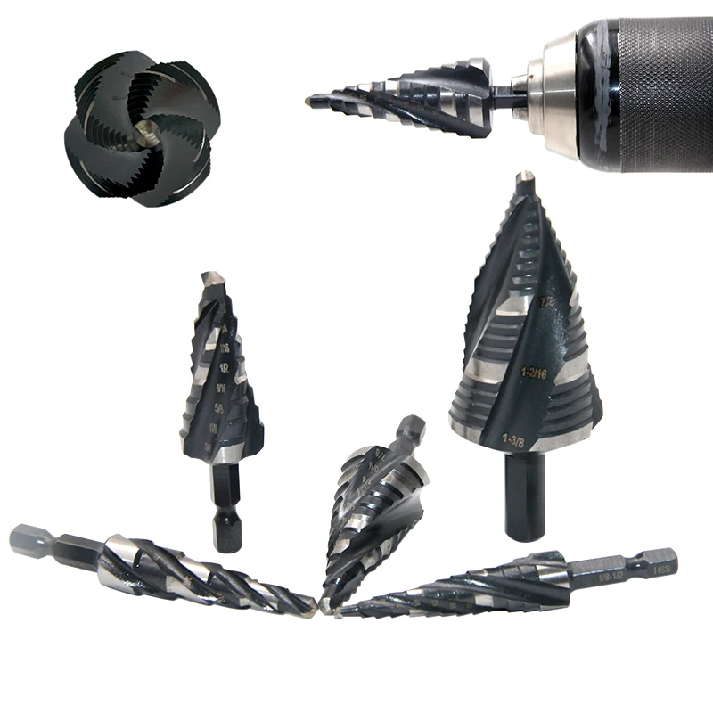 4 Spiral Flute 6542 Step Drill Bit Set Step Black White Coated Cobalt Step Drill for Metal Wood High Speed Steel 1/4