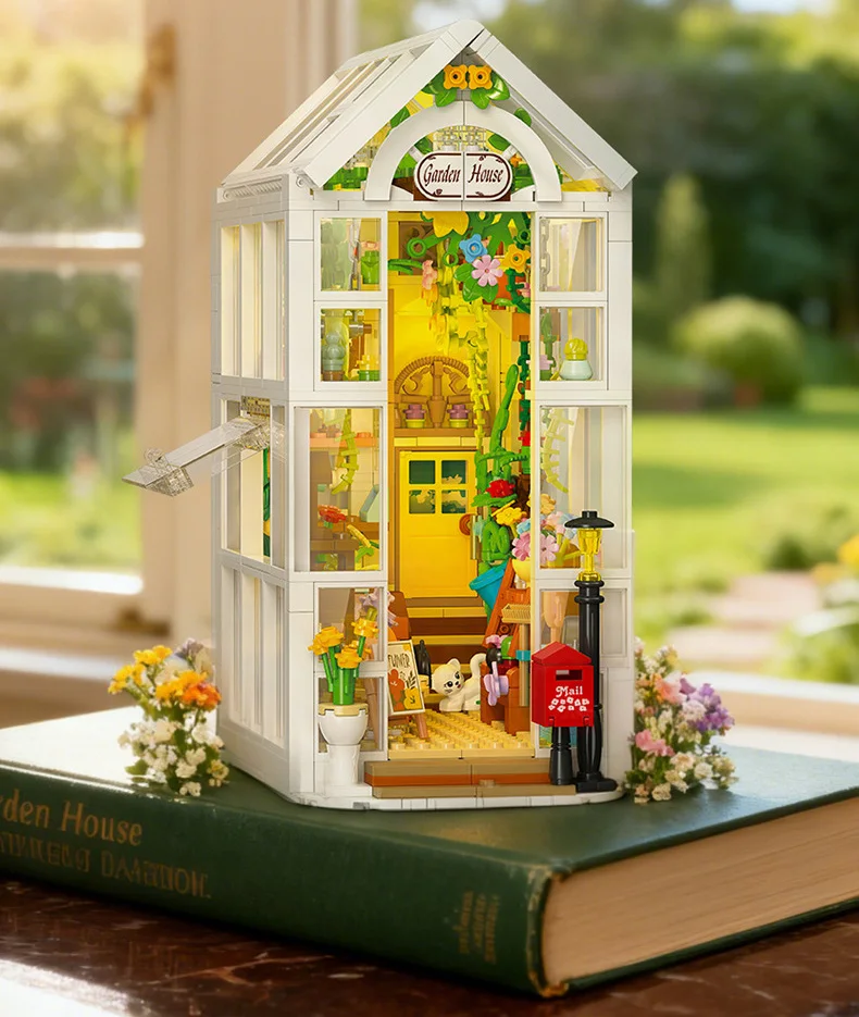 Idea Architecture Buchstützen Baustein Gewächshaus Blumenhaus Modell Konstruktionssteine Buchständer Modellspielzeug mit Licht – Detail 3