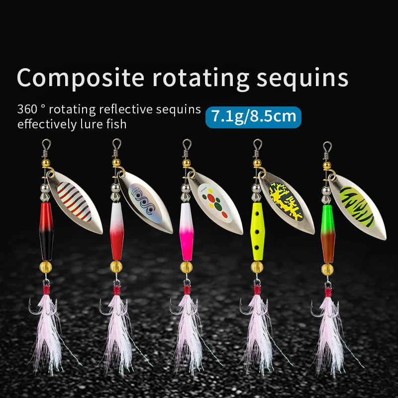 1 Pcs Metal Sliver Rotating Sequins Spoon Lure 7g/10g Spinner Fishing Hard Bait With Feather Treble Hook Fishing Accessories