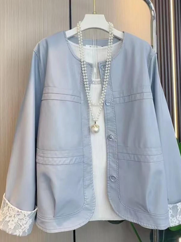 

Корейская стильная свободная повседневная кожаная куртка для женщин, весенняя модная верхняя одежда с кружевными вставками в национальном стиле, с круглым вырезом и длинными рукавами