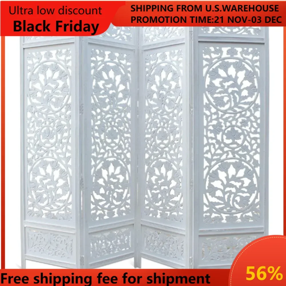 Room Divider Wood Floor Screen - Kamal Antique White 4 Folding Panel 72x80- Portable Reversible Functional Decorative Partition