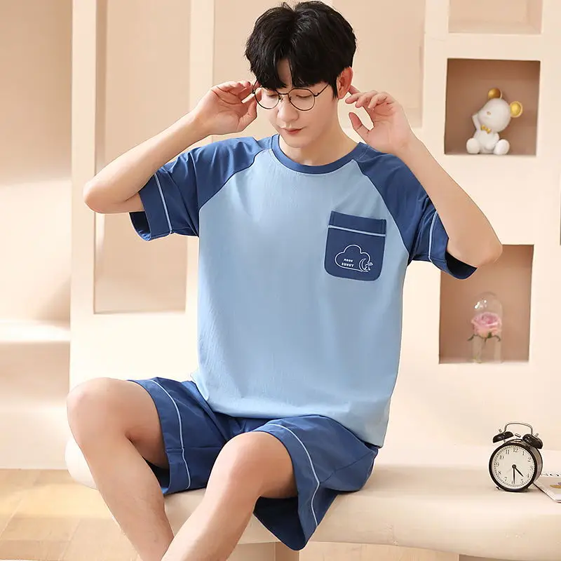 Męskie duże rozmiary odzież wypoczynkowa modna bawełniana piżama letni krótki zestaw Pjs drukowane koreańska moda Homewear conjunto hombre Dropship