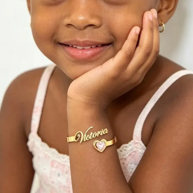

Roro's Custom Cute Kids Baby Name Bangle Bracelet Personalized Heart Birthstone Jewelry Birthday Gifts For Her