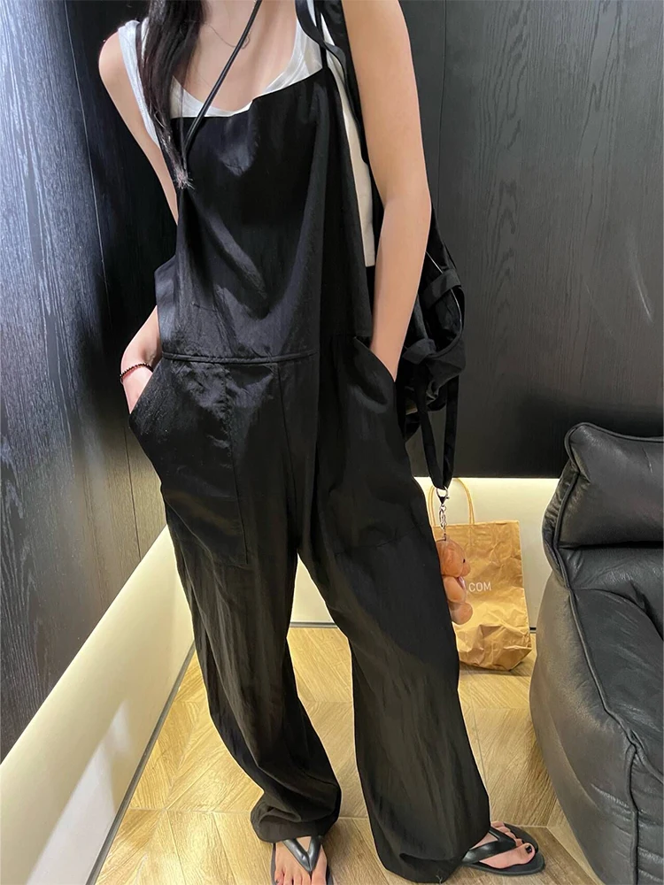 

Black Loose Strap Romper Women's Summer Design Slimming Casual One-Piece Pants High Waist Long Straight Tube Polyester