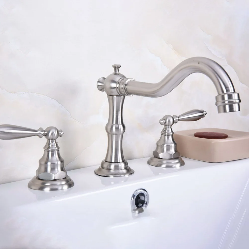 Brushed Nickel 2 Handle Widespread Three Holes 3 Piece Bathroom Faucet Deck Mount Vanity Mixer Sink Tap tbn013