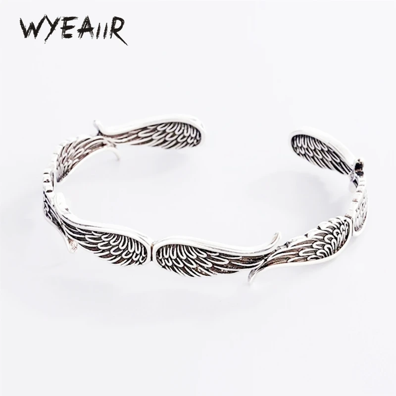 WYEAIIR 925 Sterling Silver Vintage Angel Wings Fine Jewelry Luxury Resizable Opening Female Bangle