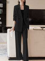 ZANZEA Korean Fashion Trousers Blazer Suits Blazer Tops Solid Color Elegant Autumn 2024 2pcs Suits Commute Women Pant Sets