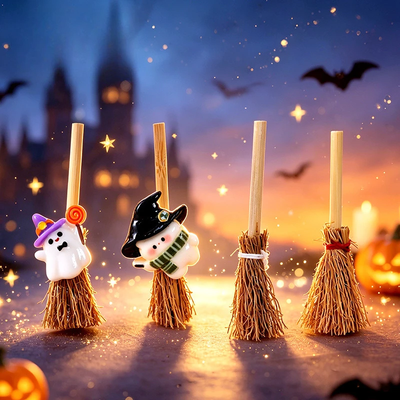 100pcs Cute Mini Resin Broom Resin Halloween Decor Resin Cabochon DIY for Keychain Earrings Scrapbook Dollhouse Accessories