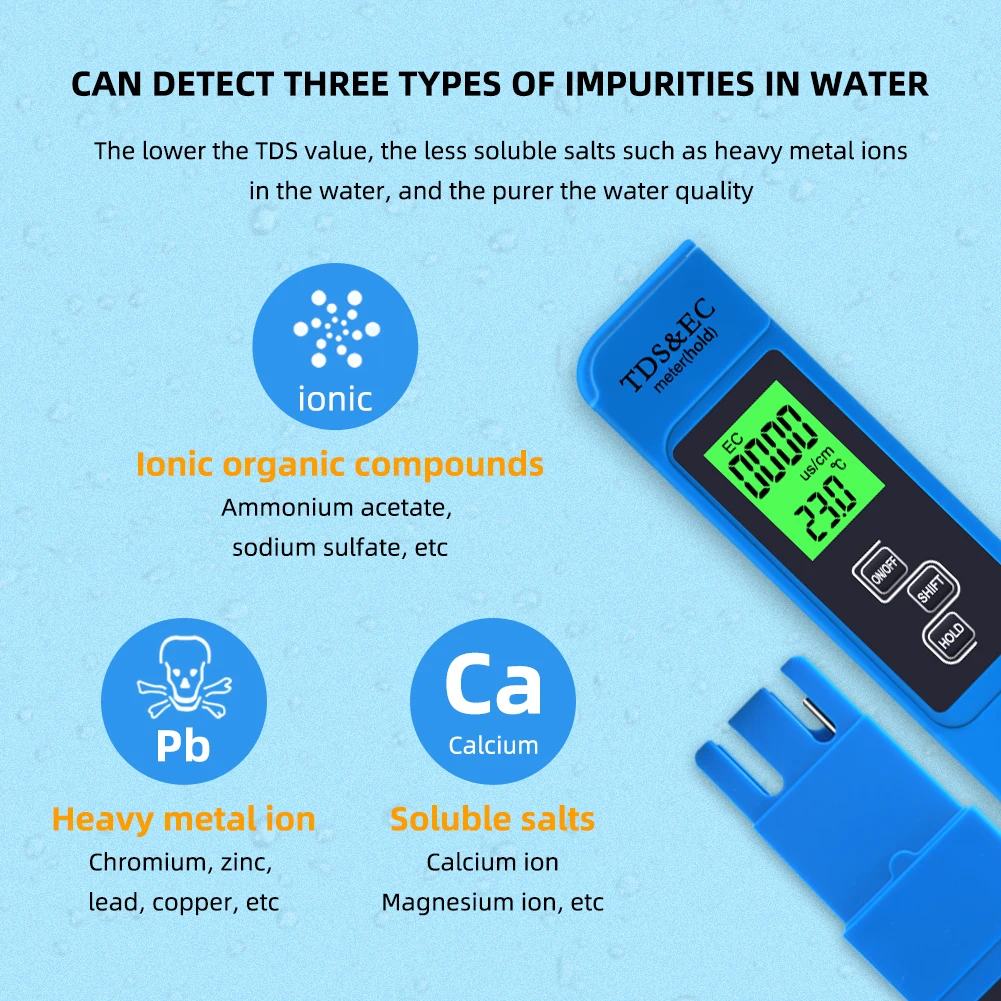 Yieryi 3 In1 EC Meter TDS Temperature Tester Conductivity Water Quality Measurement Pen 0-9999ppm for Swimming Aquariums