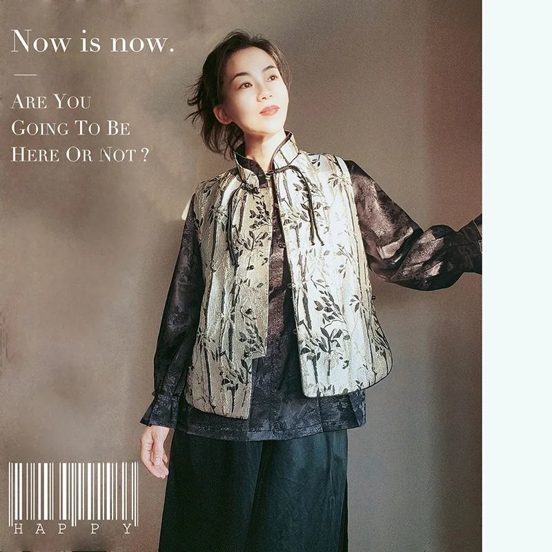 

Retro Original Design Jaet Collar New Chinese Sle National Trend Vest Autumn Spring Winter Button up Floral Embroidery Go...