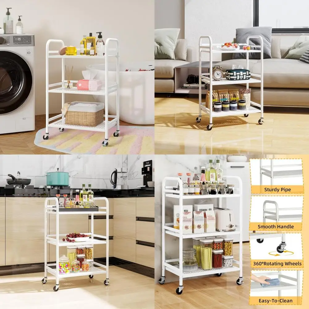 

Прочная 3-ярусная металлическая тележка на колесиках с фиксируемыми колесами — выдерживает 10 кг, идеально подходит для дома, офиса, кухни и многого другого (белая)