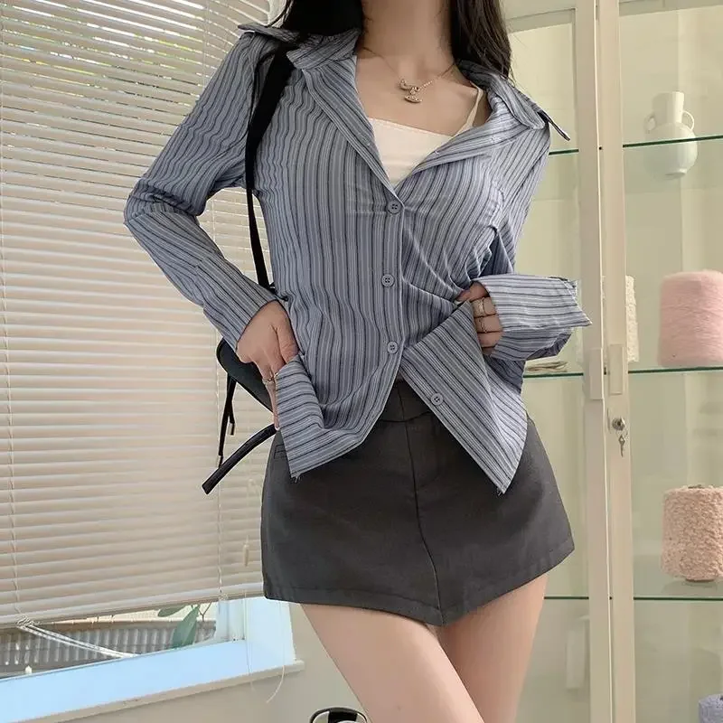 

Женская одежда, полосатая приталенная рубашка с длинным рукавом, синяя женская модная повседневная весенне-осенняя модная рубашка, топ JJ105