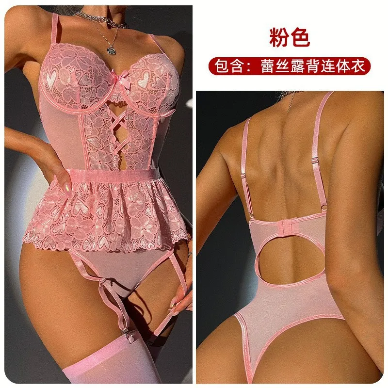 One-Piece Lingerie Set Molded Body Heart-Shaped Lace Backless Transparent Sexy Steel Ring Detail Women's Underwear
