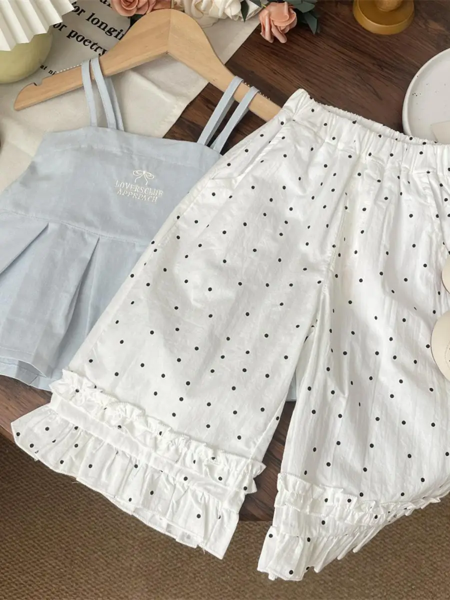 Summer 2025 White Ruffle Polka Dot Straight Leg Pants Thin Mosquito Proof Wide Leg Pants for Girls Children's Casual Trousers