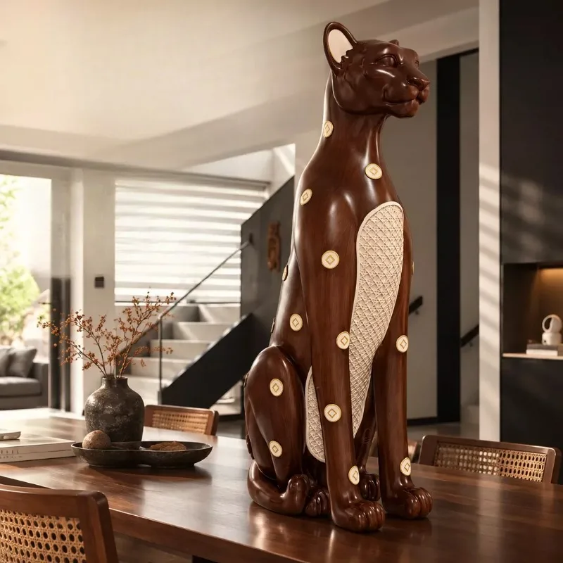 Wooden Leopard Ornaments Groot Decorative Retro Leopard Figurines Retro Fortune Housewarming Gift Leopards Sculptures Home Decor