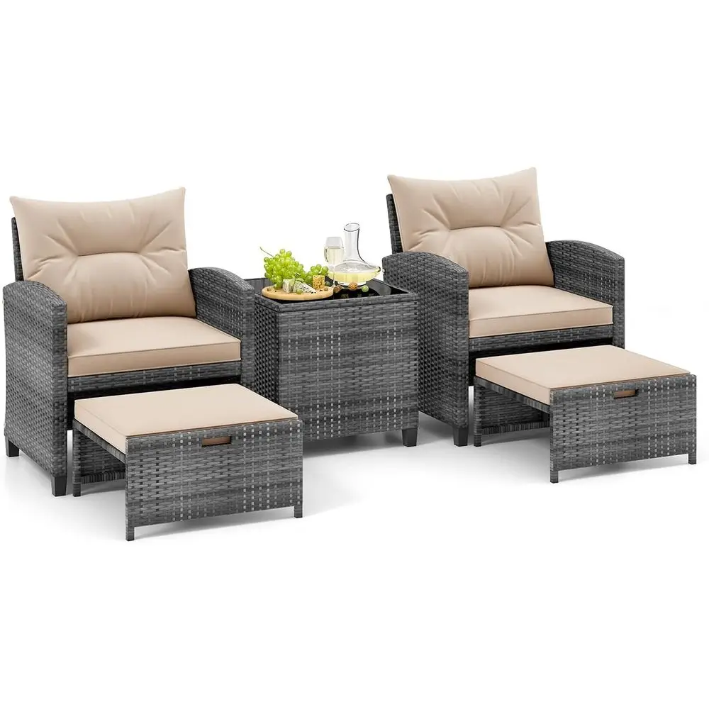 

5 Pieces Patio Contion Set, PE Wicker Rattan Outdoor urniture Set with 2 Chairs, 2 Ottomans & Tempered Glass Coee Table, Ideal o
