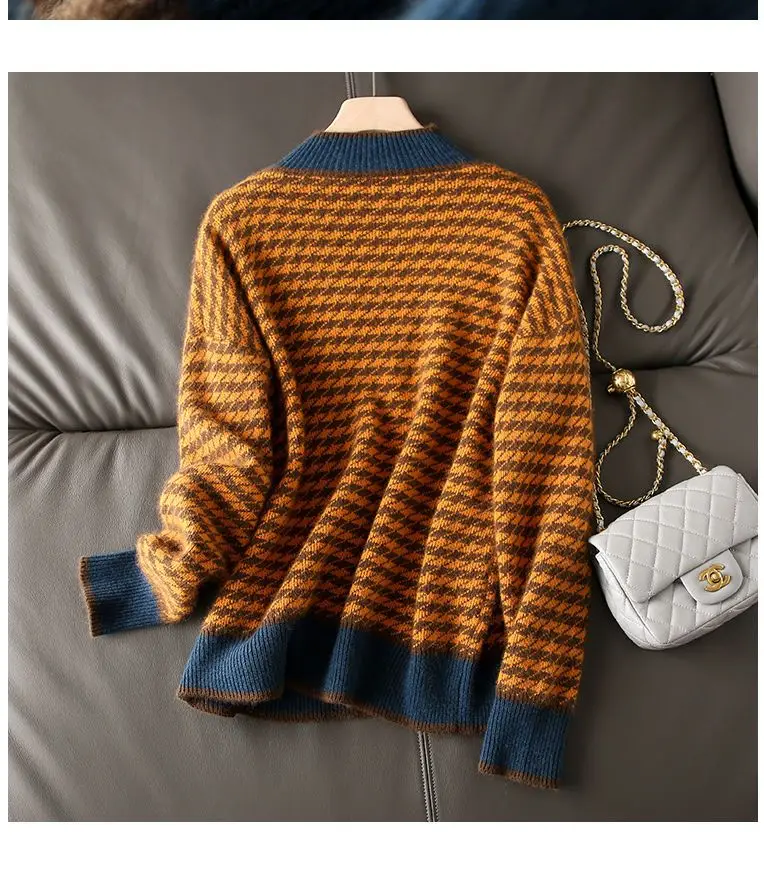 Houndstooth half turtleneck loose and thin knitted sweater women 22 autumn long sleeve casual plaid pullover sweater female