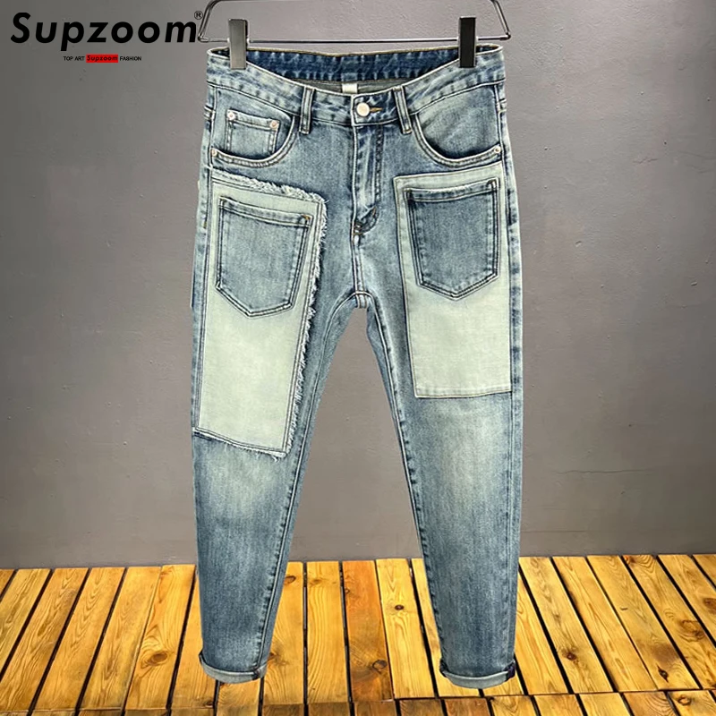 

Supzoom New Arrival Hot Sale Top Fashion Autumn Zipper Fly Stonewashed Casual Patchwork Cargo Denim Pockets Cotton Jeans Men