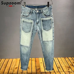 Supzoom 남성용 캐쥬얼 패치워크 카고 데님 포켓 코튼 청바지, 플라이 스톤 워싱 지퍼, 탑 패션, 가을, 신상, 핫 세일