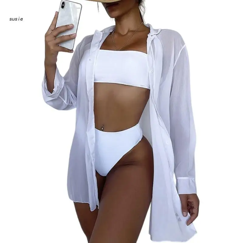 

Women Sheer Blouses Swimsuit Cover Up Shirt Sheer Long Sleeve Blouses Cover-Ups Beach Kimonos Cover Up bikinis Coverup