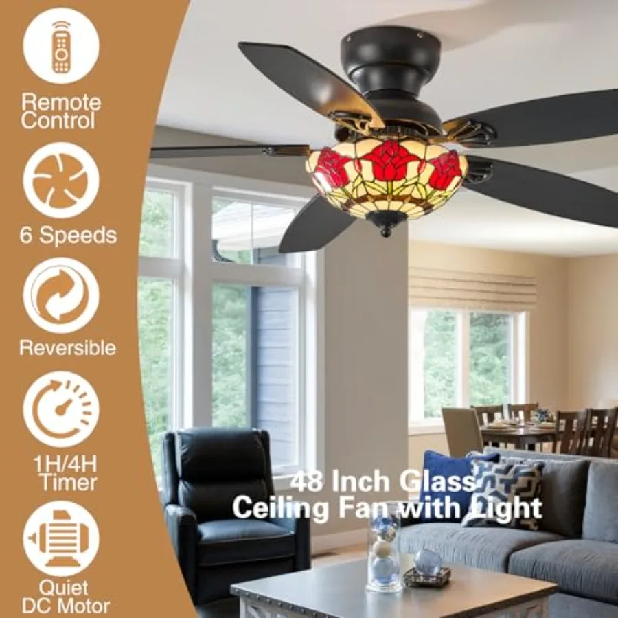 Indoor/Outdoor retro ceiling fan chandelier with 48 dual-blade design, glass shade, 6-speed reversible motor, suitable for livi