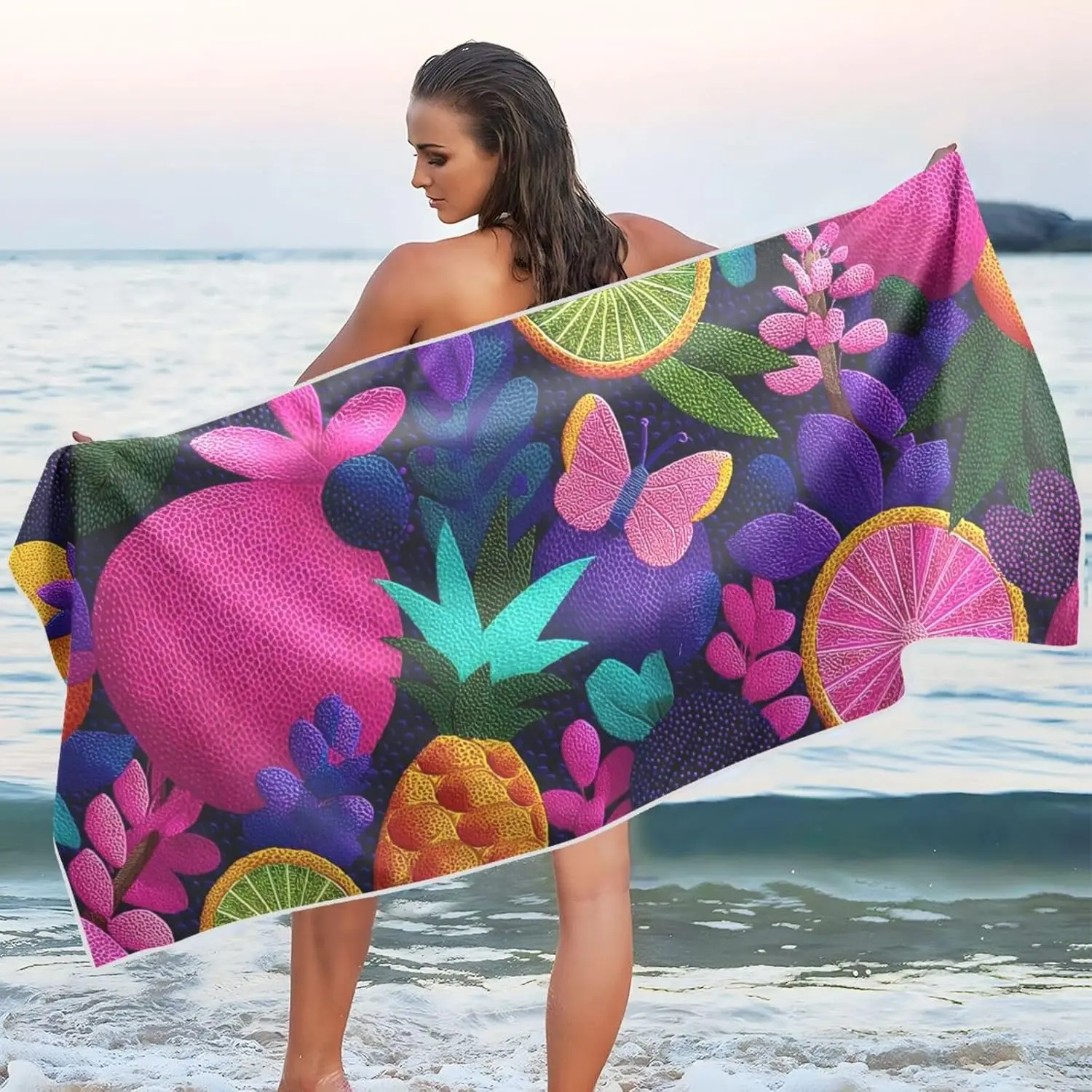 Tropical Fruit & Floral Beach Towel – Quick-Drying Vibrant Print for Pool, Beach, Bathroom, Travel – Premium Quality for Adults