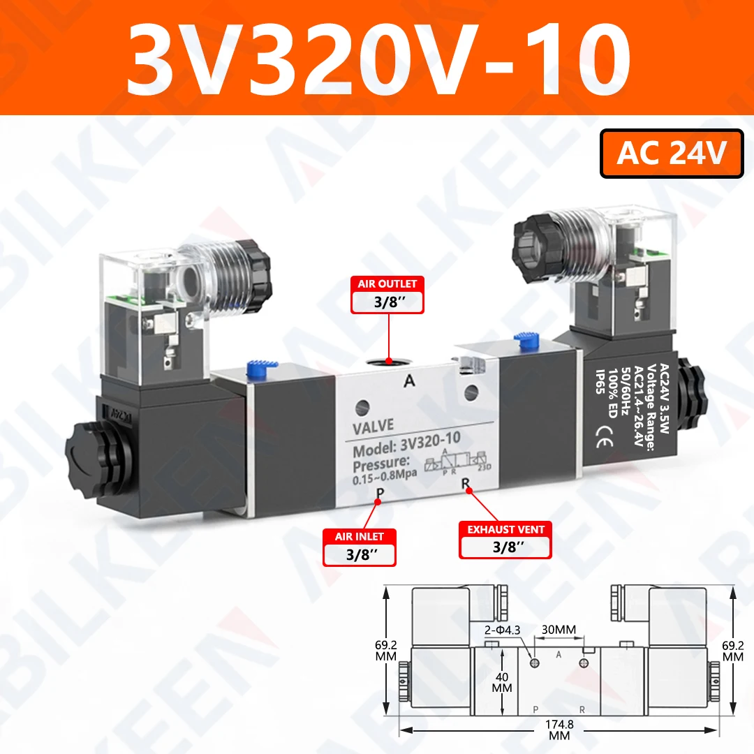 ABILKEEN 3V320-08/3V320-10 Air Solenoid Valves 3 Way 2 Position Dual Electrical Control Normally Closed Pneumatic Solenoid Valve