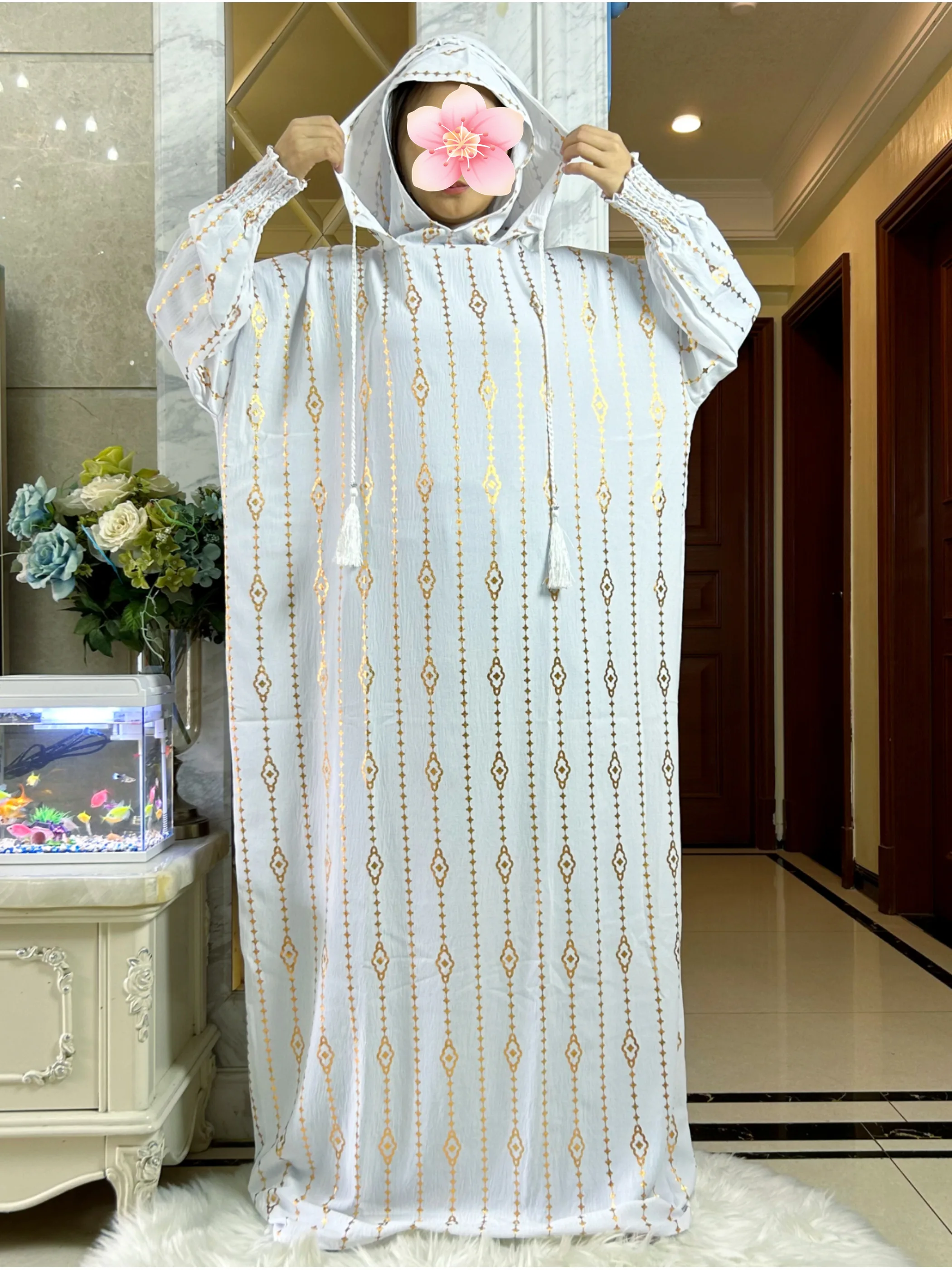 Goldstempel aus reiner Baumwolle, Ramadan, muslimische Damen-Abaya mit zwei Hüten, Dubai-Türkei-Stil, islamische Gebetskleidung, Kaftan-Kleid