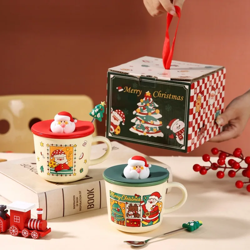 Festliche Keramik-Kaffeetasse mit Weihnachtsmotiv und Deckel, Löffel, Urlaub, Geschenkbox, Cartoon-Design, Neujahrs-Souvenir