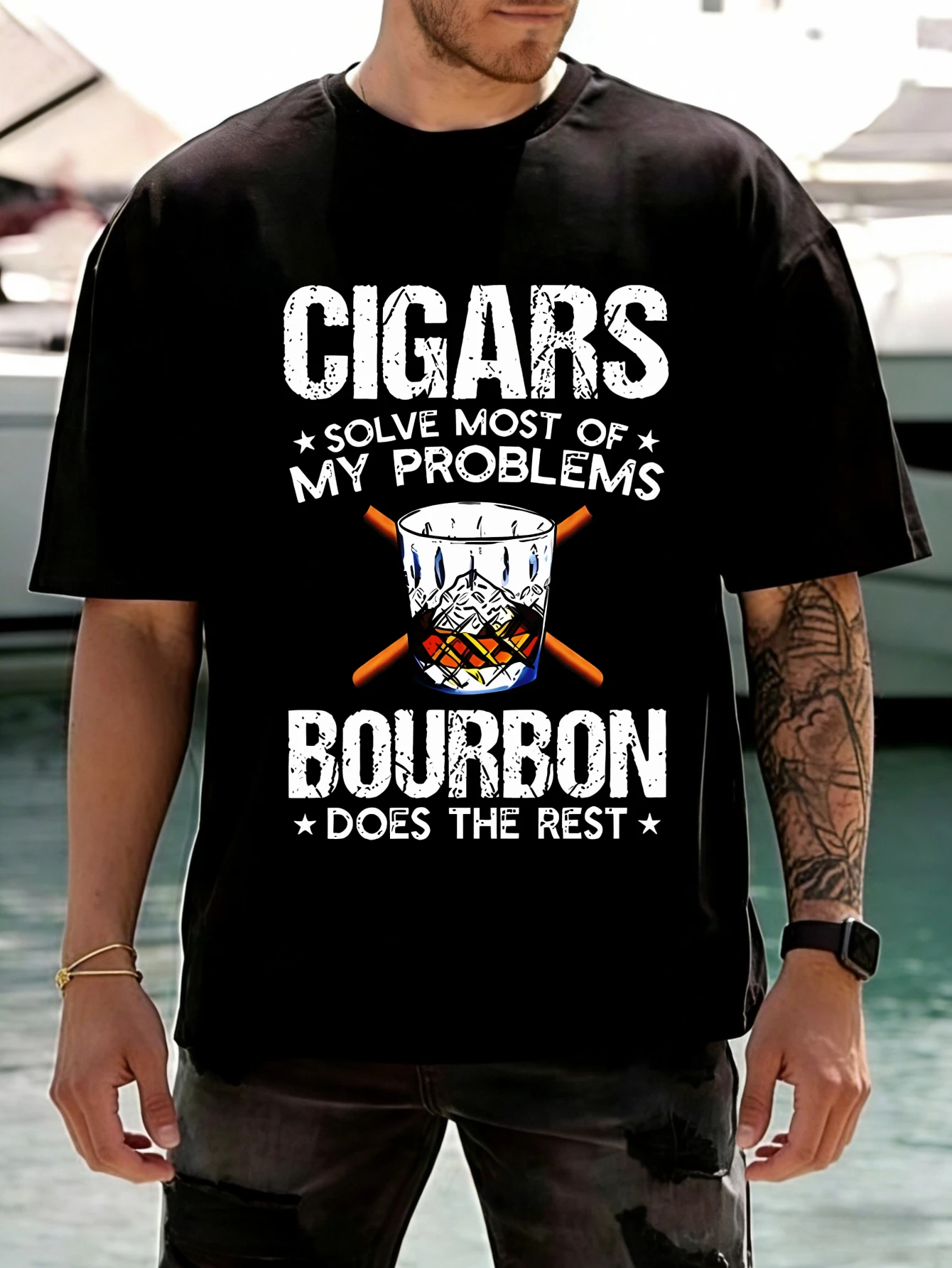 

Men's Cotton Graphic T-Shirt Funny Cigars & Bourbon Print Short Sleeve Casual Summer Tshirt for Men Gift