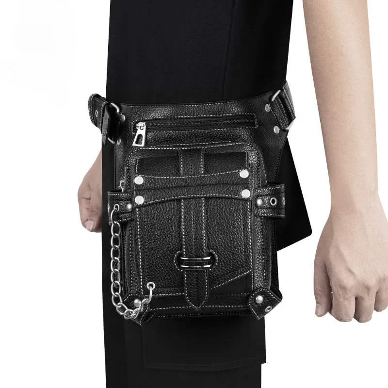 Fashion Black Waist Bags for Men Retro Punk PU Leather Outdoor Motorcycle Riding Travel Fanny Pack Mobile Wallet Hanging Leg Bag