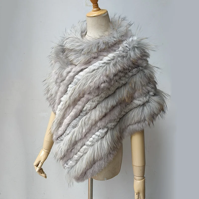 2024 New Knitted Real Rabbit Fur Poncho Warm Winter Genuine Fur Cap With Raccoon Fur Trim Female Wrap Ponchos