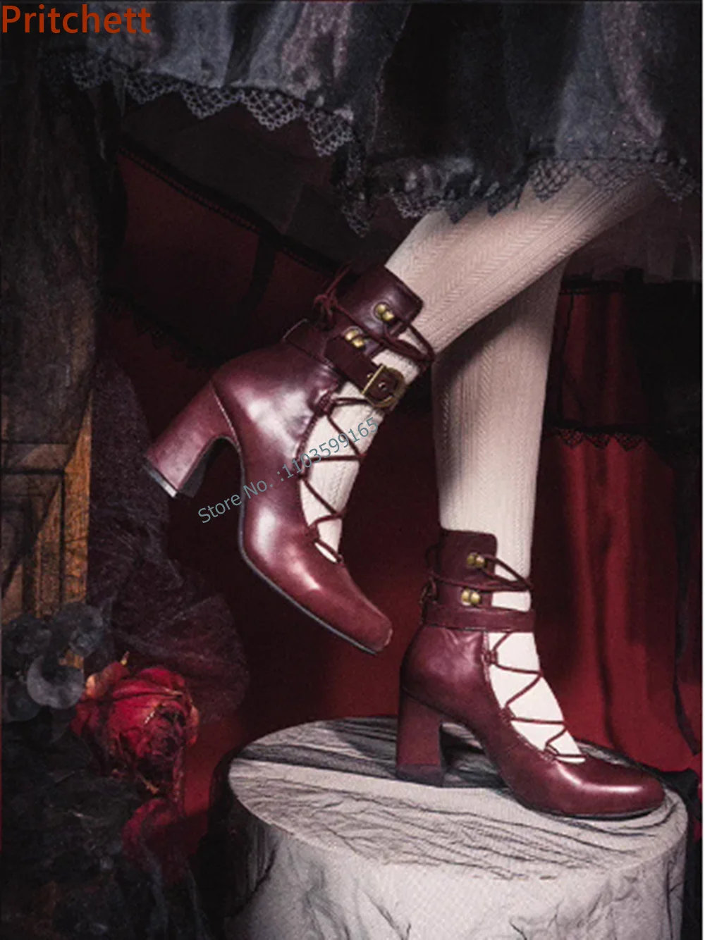 Cross Tied Solid Burgundy Boots Round Toe Chunky Heel Hollow Buckle Strap Lace Up Pumps Summer Gothic Style Lolita Shoes 2024