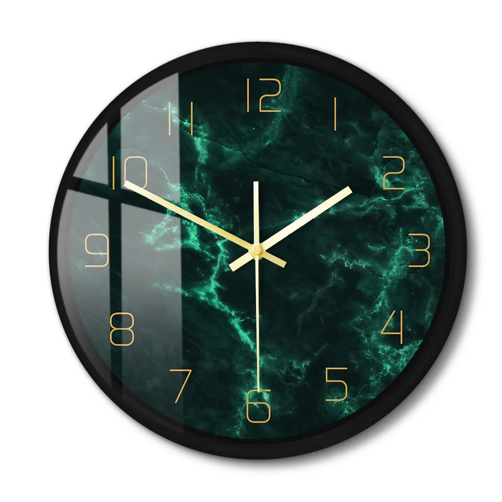 

Marble Pattern Green Nordic Metal Frame Wall Clock Silent Minimalist Art Home Decor Creative Round Wall Watch Living Room Decor