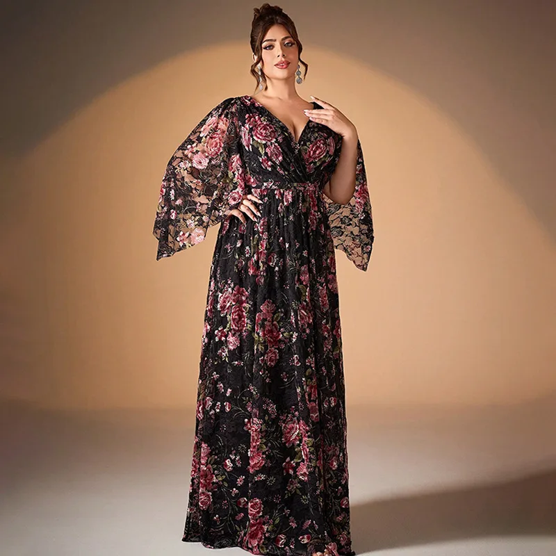 เดรสลายดอกไม้พิมพ์ลายดอกไม้ฤดูใบไม้ผลิสำหรับสาวอวบ ทรงหลวม แฟชั่น แขนยาว คอวี เปิดหลัง