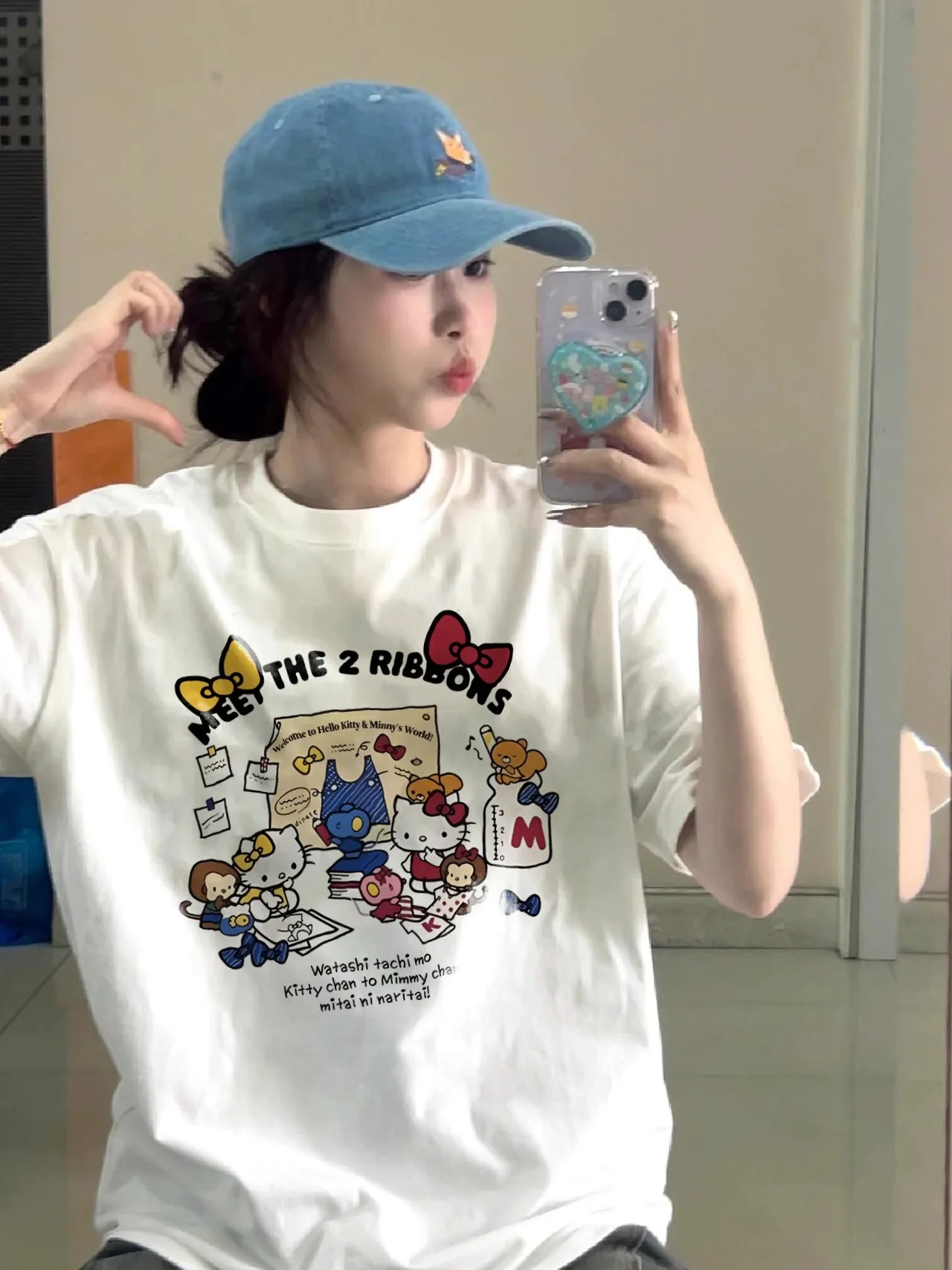 

Корейская женская футболка с короткими рукавами hellokitty Cat, женская летняя новинка 2025, свободный и милый универсальный хлопковый топ