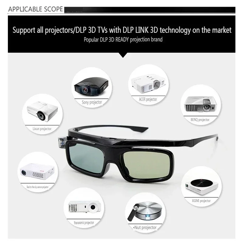 Projector 3D Glasses Active Shutter Rechargeable DLP-Link for All 3D DLP Projectors Optama Acer BenQ ViewSonic Sharp Dell